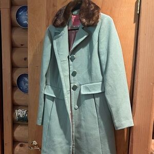 Kate Spade Light Green Trench Coat with Faux Fur Collar